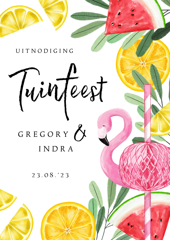 Uitnodigingen - Uitnodiging tuinfeest met tropical elementen en flamingo