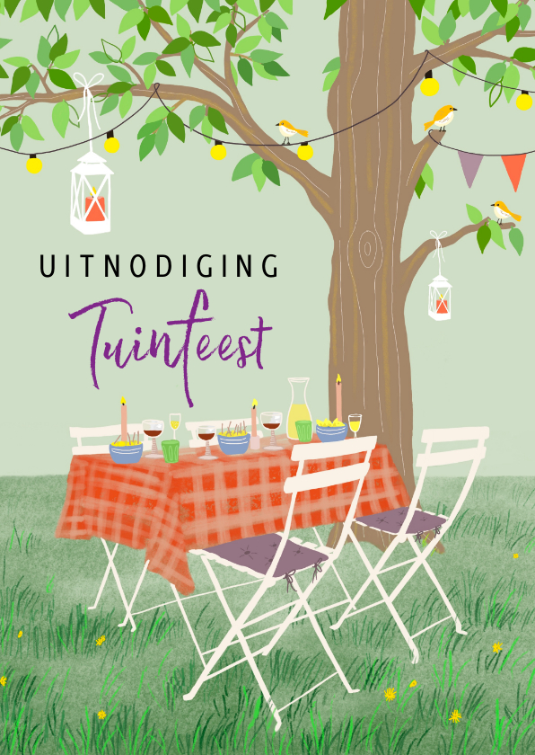 Uitnodigingen - Uitnodiging tuinfeest tuintafel onder boom