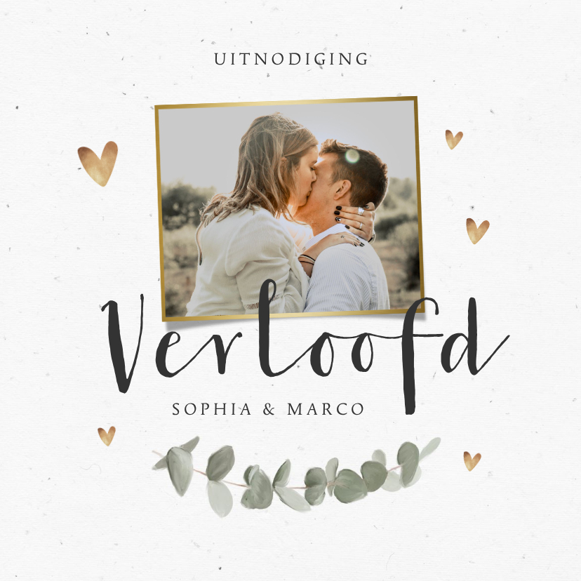 Uitnodigingen - Uitnodiging tuinfeest verloofd foto hartjes eucalyptus