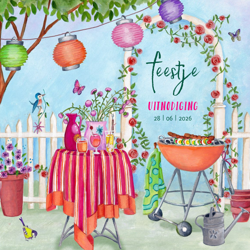 Uitnodigingen - Uitnodiging tuinfeestje met BBQ in vrolijke kleuren 