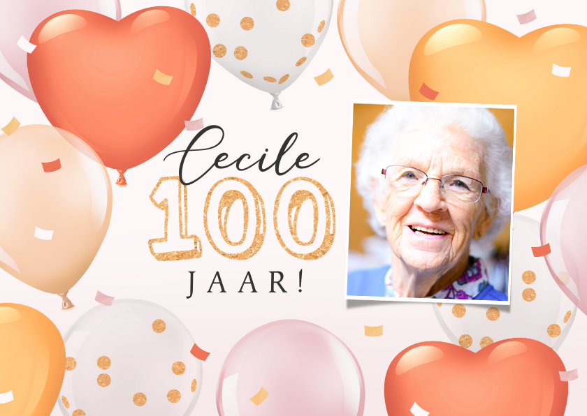 Uitnodigingen - Uitnodiging verjaardag 100 jaar foto confetti ballonnen