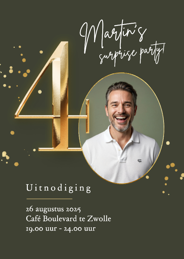 Uitnodiging verjaardag 40 jaar stijlvol goud spetters foto - Uitnodigingen Uitnodigingen - Uitnodiging verjaardag 40 jaar stijlvol goud spetters foto