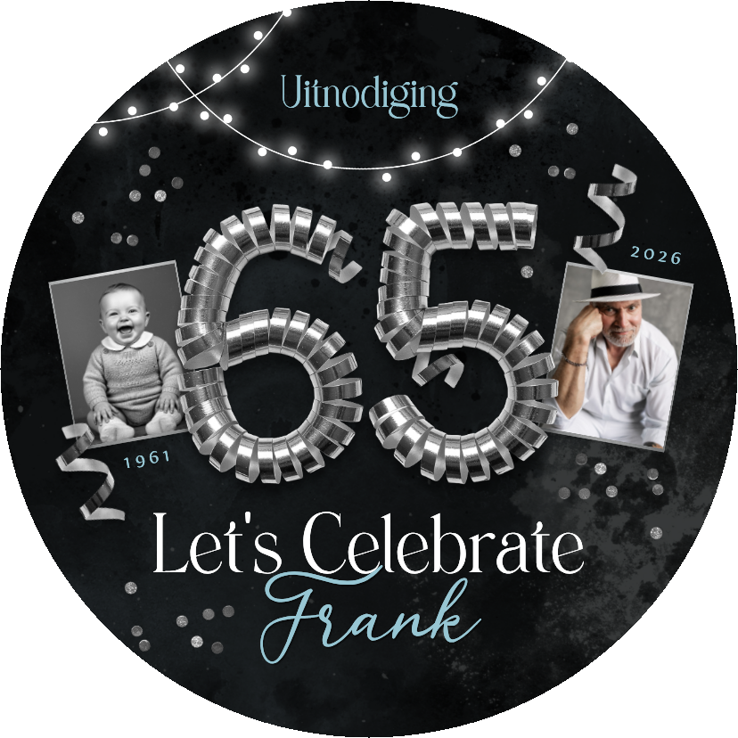 Uitnodiging verjaardag 65 jaar slingers confetti zilver foto - Uitnodigingen Uitnodigingen - Uitnodiging verjaardag 65 jaar slingers confetti zilver foto