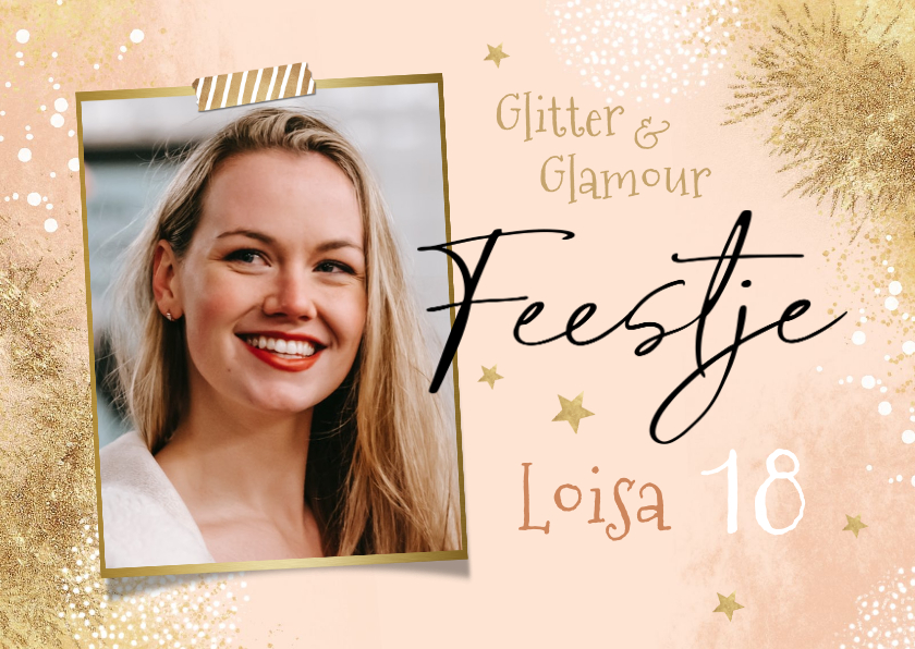 Uitnodigingen - Uitnodiging verjaardag feestje glitter glamour goud foto