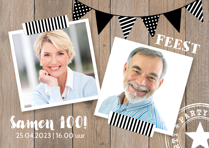 Uitnodiging verjaardag fotocollage houtlook slinger - Uitnodigingen Uitnodigingen - Uitnodiging verjaardag fotocollage houtlook slinger