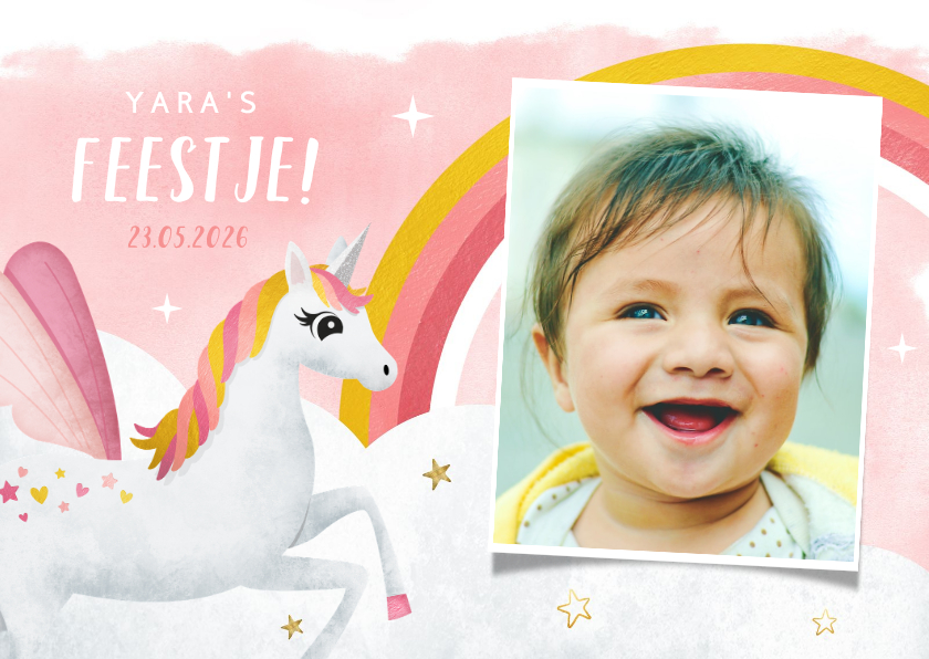 Uitnodigingen - Uitnodiging verjaardag kind met eenhoorn en regenboog