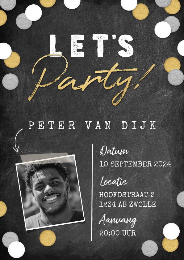 Uitnodigingen - Uitnodiging verjaardag "Let's Party" krijtbord en confetti
