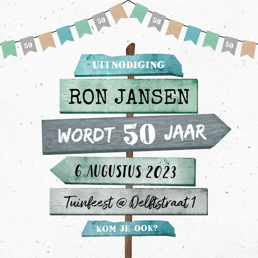Uitnodiging verjaardag man met houten wegwijzers - Uitnodigingen Uitnodigingen - Uitnodiging verjaardag man met houten wegwijzers