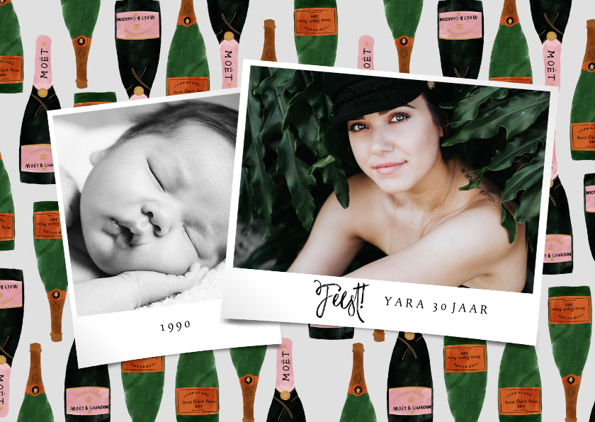 Uitnodigingen - Uitnodiging verjaardag met foto's en champagne illustraties