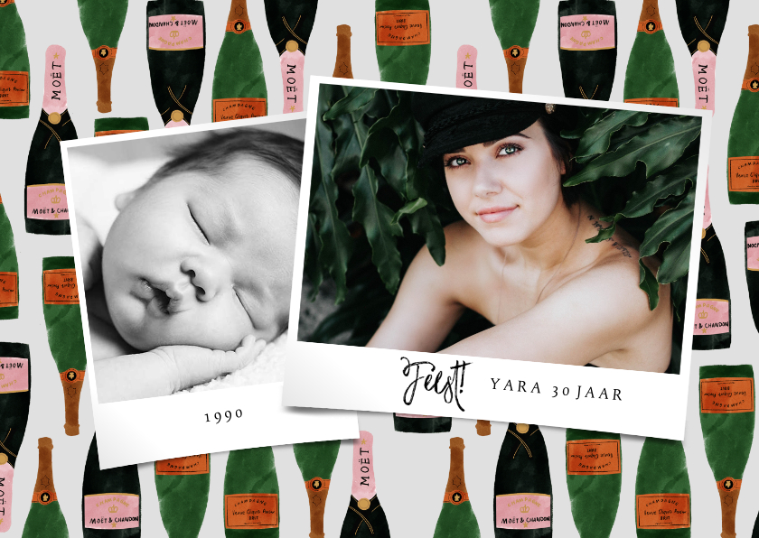Uitnodiging verjaardag met foto's en champagne illustraties - Uitnodigingen Uitnodigingen - Uitnodiging verjaardag met foto's en champagne illustraties