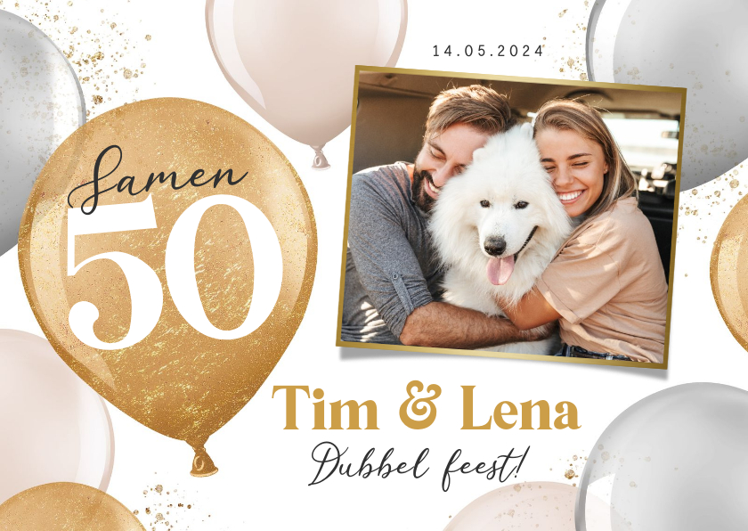 Uitnodigingen - Uitnodiging verjaardag samen 50 ballonnen goud foto