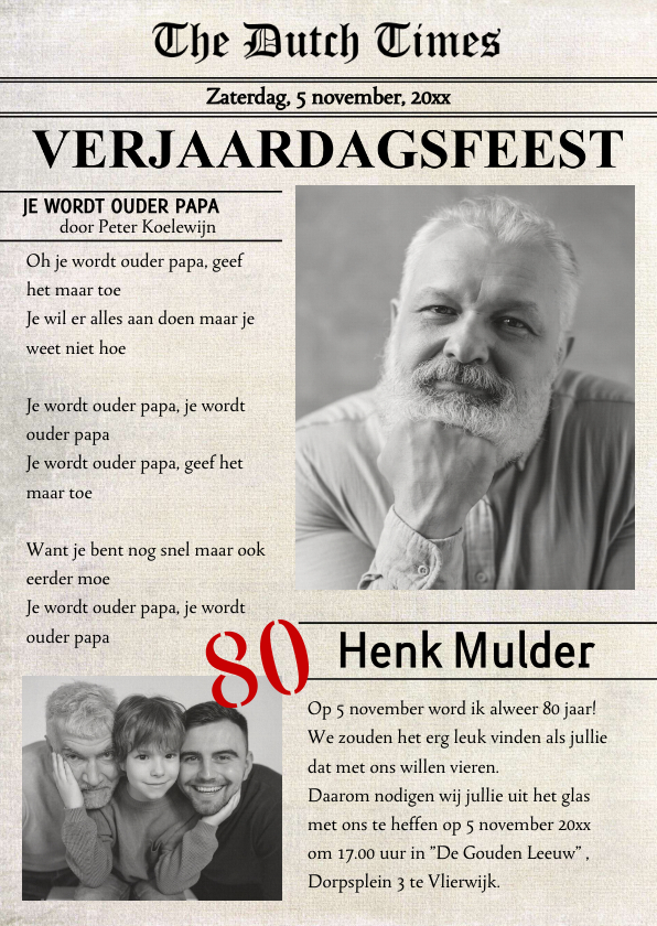 Uitnodigingen - Uitnodiging verjaardag voorpagina krant