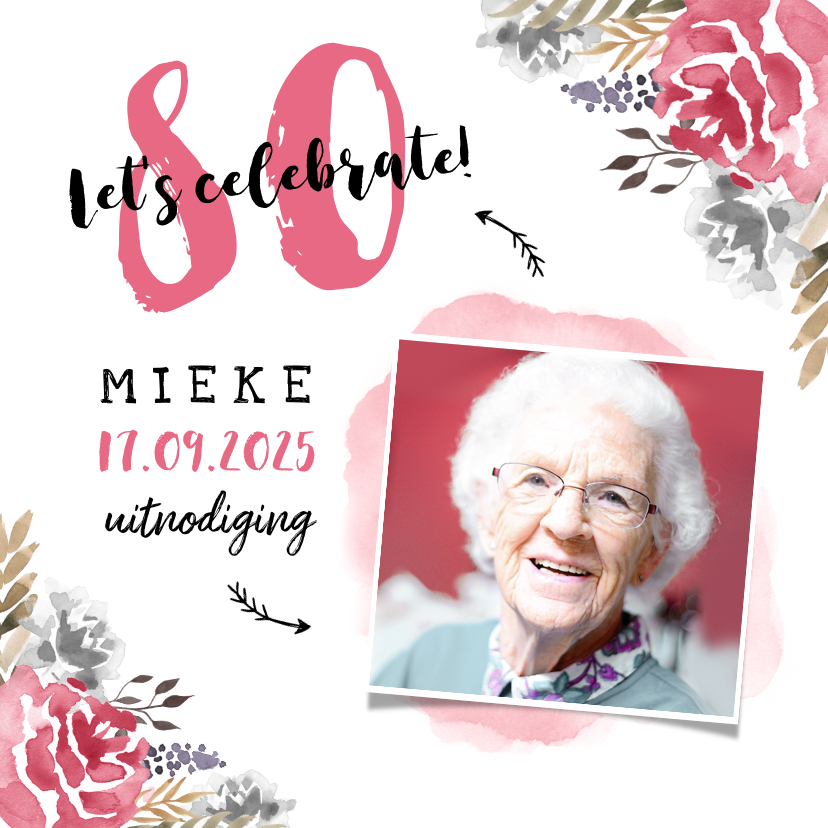 Uitnodigingen - Uitnodiging verjaardag  vrouw hip met geschilderde bloemen