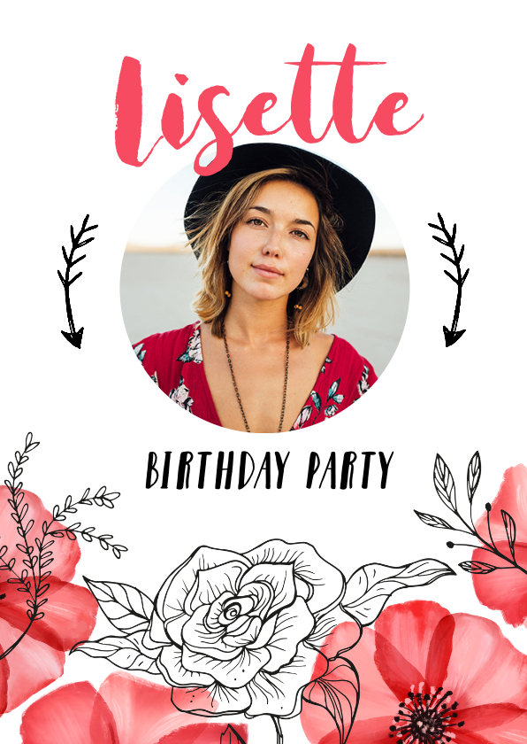 Uitnodigingen - Uitnodiging verjaardag vrouw hip met rode bloemen en foto