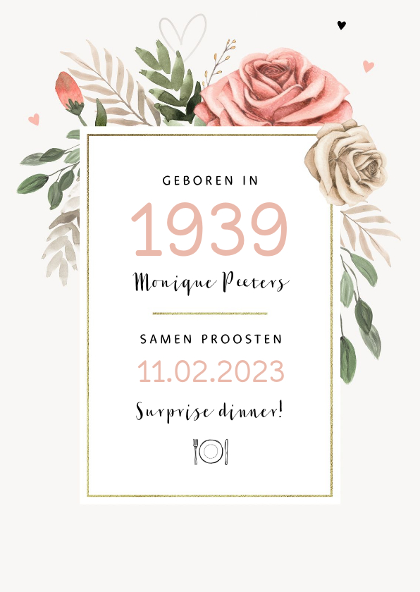 Uitnodigingen - Uitnodiging verjaardag vrouw vintage bloemen jaartal