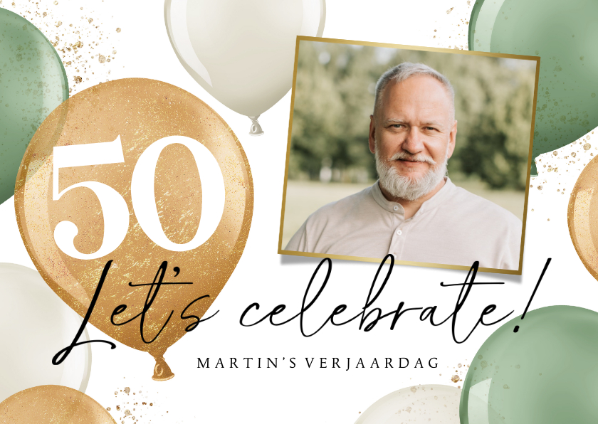 Uitnodigingen - Uitnodiging verjaardagsfeest 50 jaar ballonnen goud groen