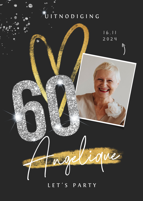 Uitnodigingen - Uitnodiging verjaardagsfeest 60 jaar goud zilver glitter