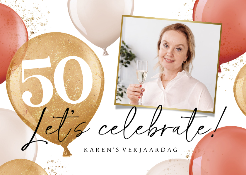 Uitnodigingen - Uitnodiging verjaardagsfeest vrouw 50 jaar ballonnen goud