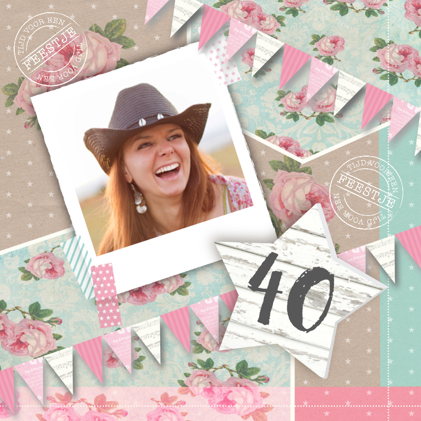 Uitnodiging verjaardagsfeest vrouw bloemen ster foto - Uitnodigingen Uitnodigingen - Uitnodiging verjaardagsfeest vrouw bloemen ster foto