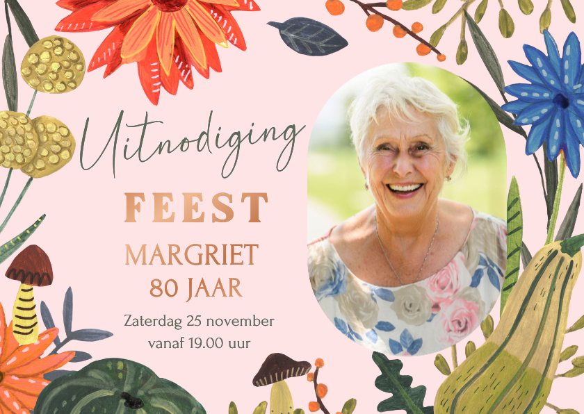Uitnodigingen - Uitnodiging verjaardagsfeestje herfst bloemen en paddenstoel