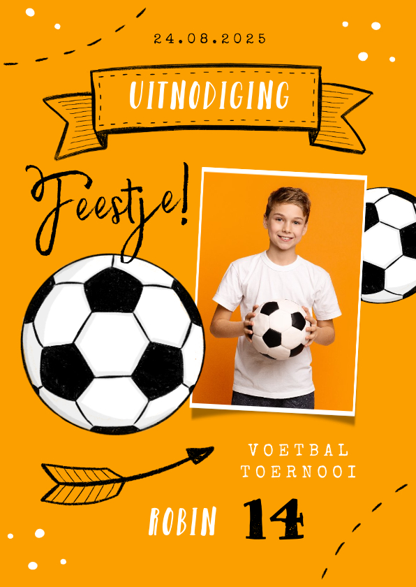 Uitnodiging voetbal verjaardag tiener oranje foto doodle - Uitnodigingen Uitnodigingen - Uitnodiging voetbal verjaardag tiener oranje foto doodle