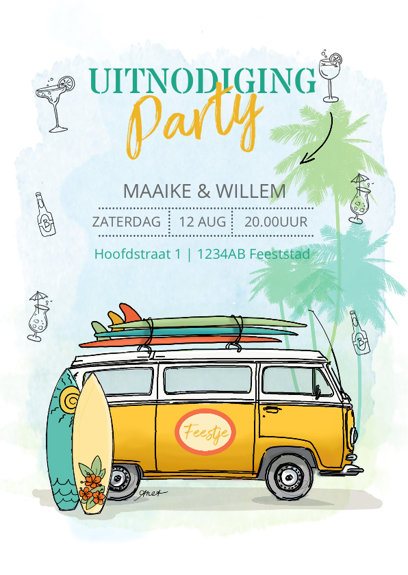 Uitnodigingen - Uitnodiging Volkswagenbusje surfplanken