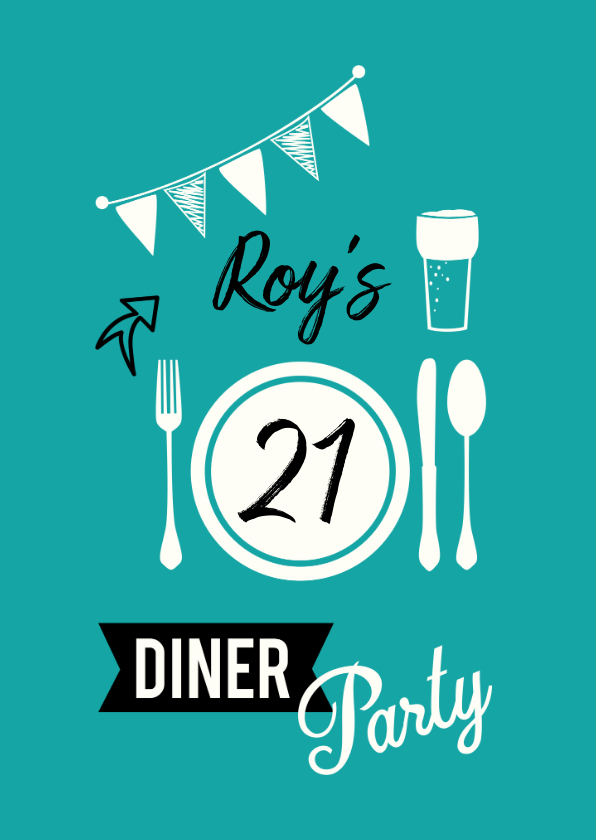 Uitnodiging voor 21 diner party met servies en glas bier - Uitnodigingen Uitnodigingen - Uitnodiging voor 21 diner party met servies en glas bier