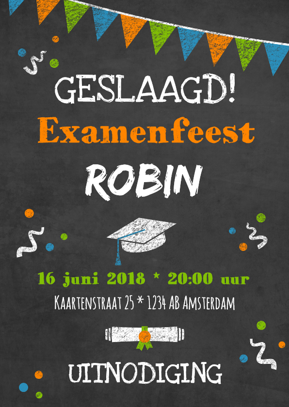 Uitnodiging voor examenfeestje met tekst op krijtbord - Uitnodigingen Uitnodigingen - Uitnodiging voor examenfeestje met tekst op krijtbord