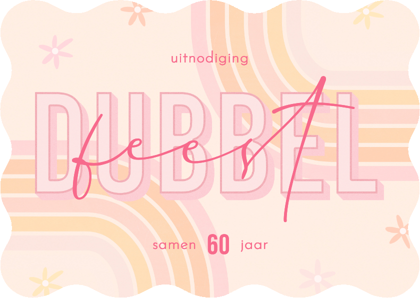 Uitnodigingen - Uitnodiging vrolijk lijnen retro bloemen dubbel feest golf