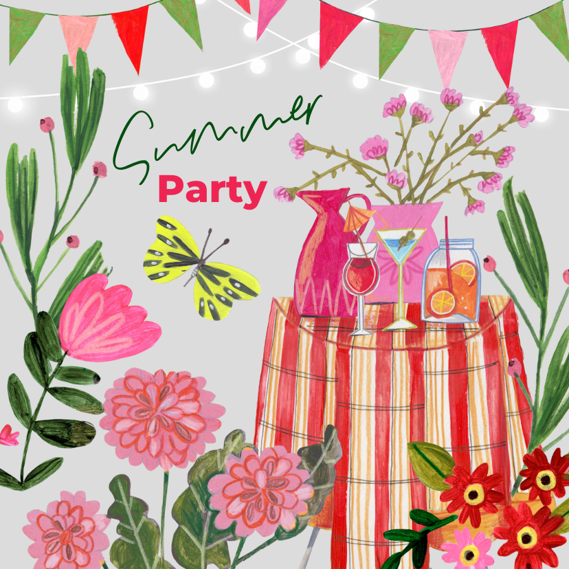 Uitnodigingen - Uitnodiging zomer tuinfeest met bloemen en cocktails