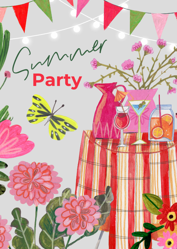 Uitnodigingen - Uitnodiging zomerfeest tuin feest met cocktails en bloemen