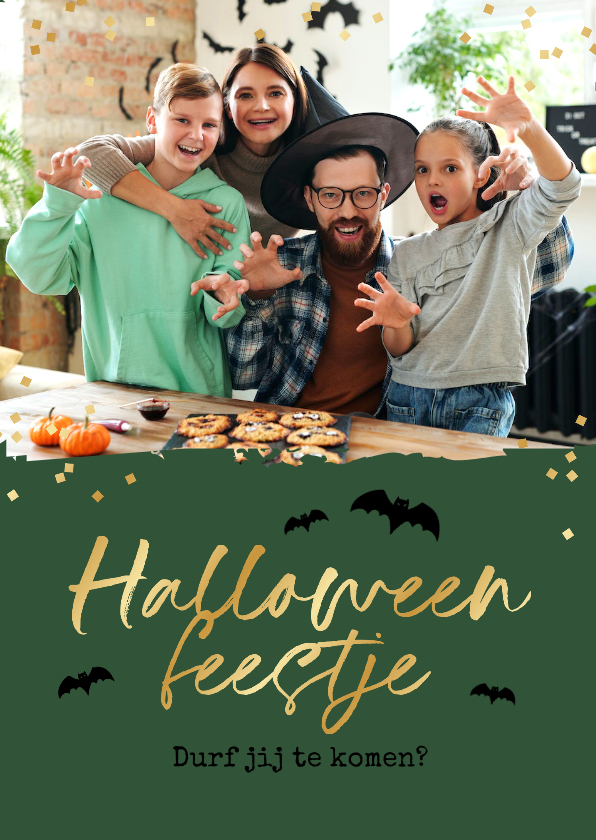 Uitnodigingen - Uitnodigingkaart halloween feestje foto goud vleermuizen