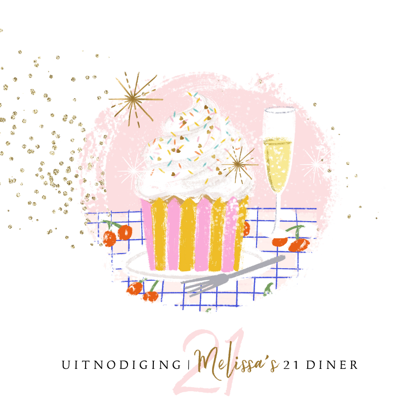 Uitnodigingen - Uitnodigingskaart 21diner illustratie cupcake champagne