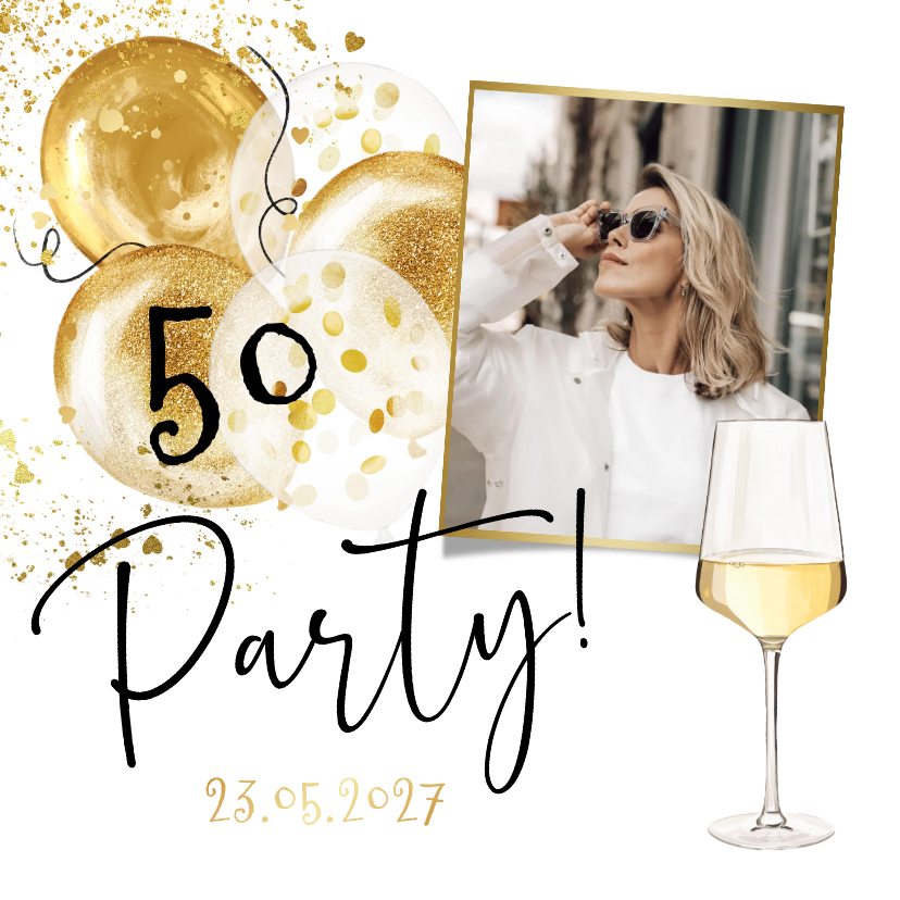 Uitnodigingen - Uitnodigingskaart 50 jaar ballonnen goud confetti wijnglas