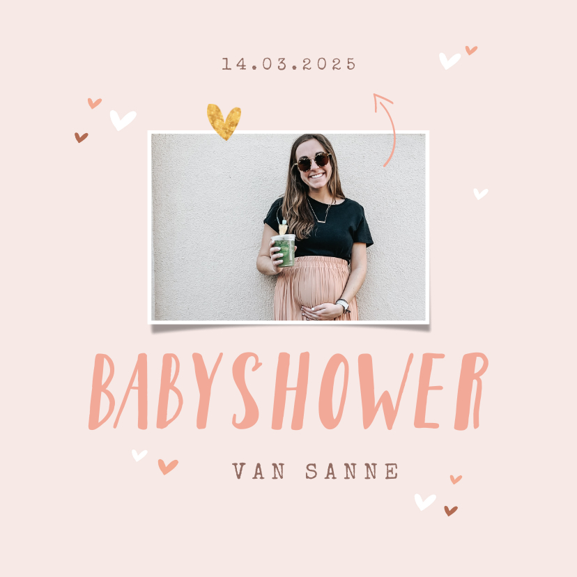 Uitnodigingen - Uitnodigingskaart babyshower hartjes meisje roze goud foto