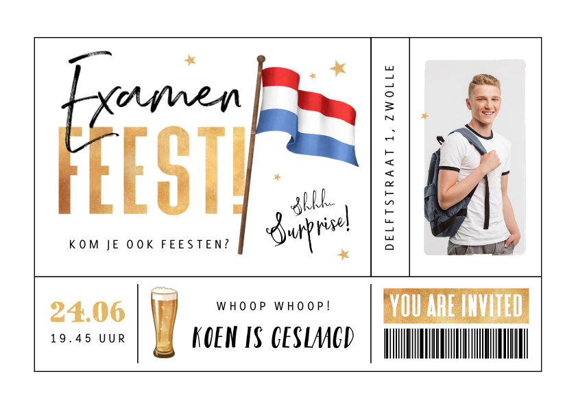 Uitnodigingen - Uitnodigingskaart examenfeest ticket vlag goud bier foto