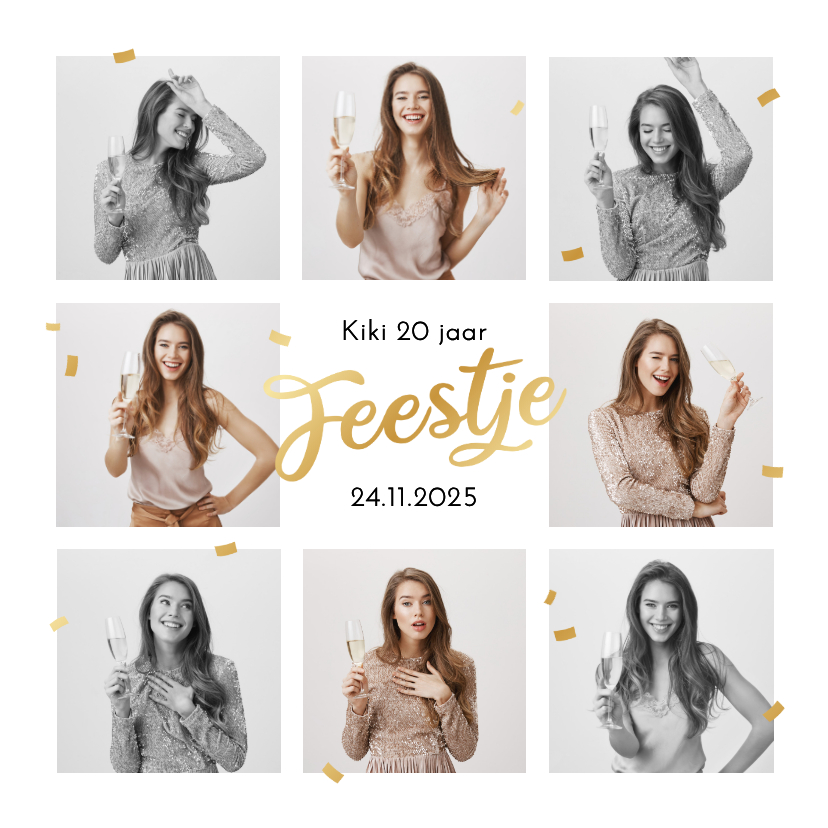 Uitnodigingen - Uitnodigingskaart feestje verjaardag goud foto's confetti