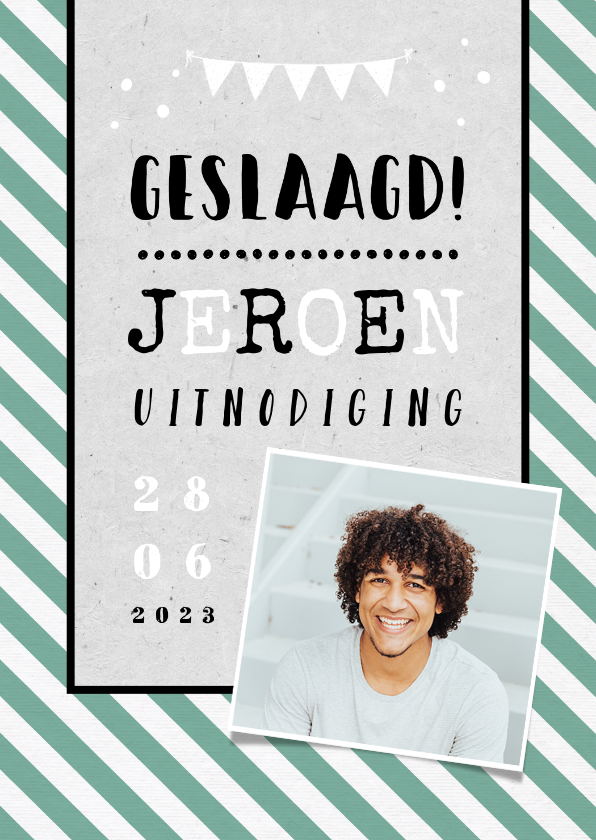 Uitnodigingskaart geslaagd man hip groen foto - Uitnodigingen Uitnodigingen - Uitnodigingskaart geslaagd man hip groen foto