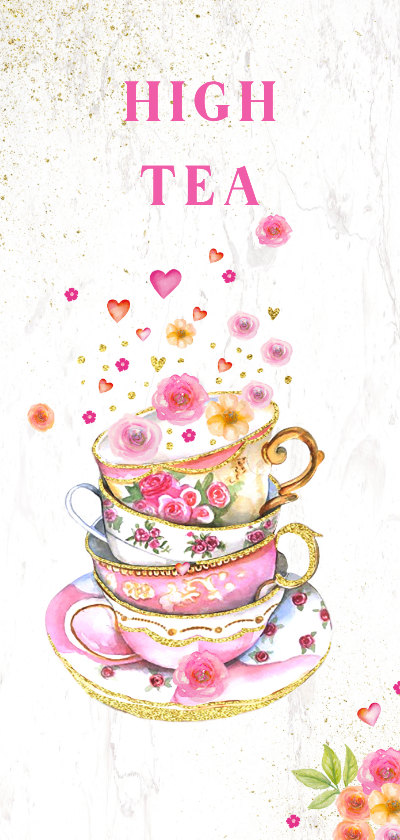 Uitnodigingskaart High Tea kopjes bloemen - Uitnodigingen Uitnodigingen - Uitnodigingskaart High Tea kopjes bloemen
