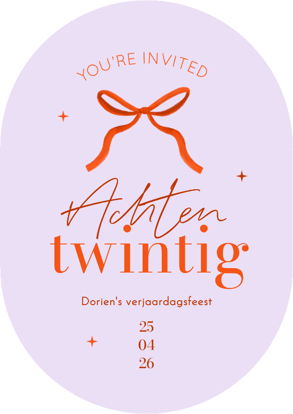 Uitnodigingen - Uitnodigingskaart ovaal lila oranje strik vrouw verjaardag