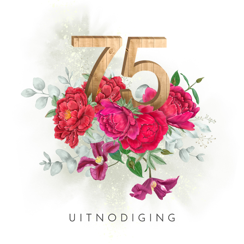 Uitnodigingskaart rode pioenrozen 75 jaar in hout - Uitnodigingen Uitnodigingen - Uitnodigingskaart rode pioenrozen 75 jaar in hout