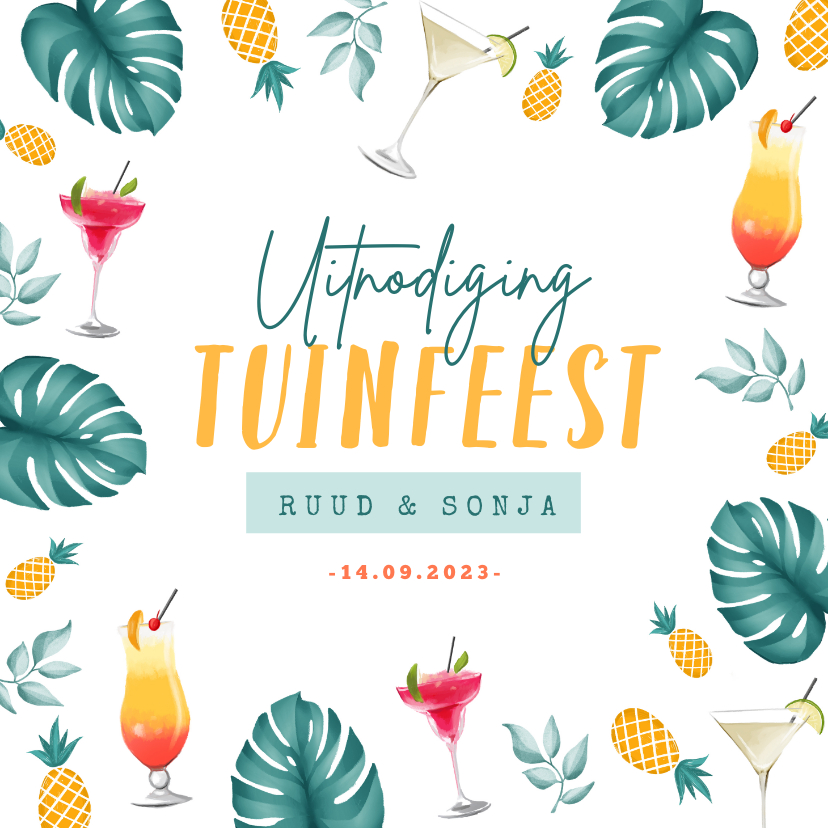 Uitnodigingen - Uitnodigingskaart tuinfeest tropisch cocktails zomer