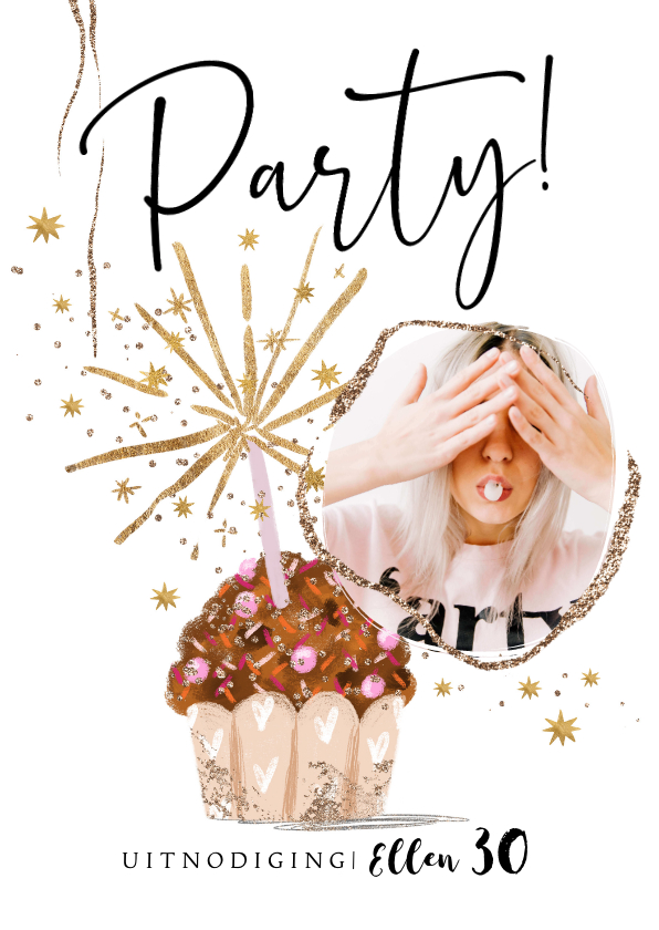 Uitnodigingen - Uitnoding verjaardag party goudlook illustratie muffin ster