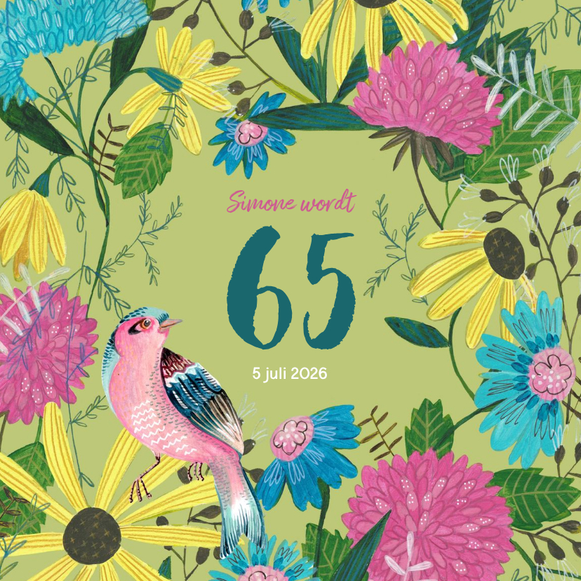 Verjaardagsfeestje 65 jaar bloemen en vogel - Uitnodigingen Uitnodigingen - Verjaardagsfeestje 65 jaar bloemen en vogel