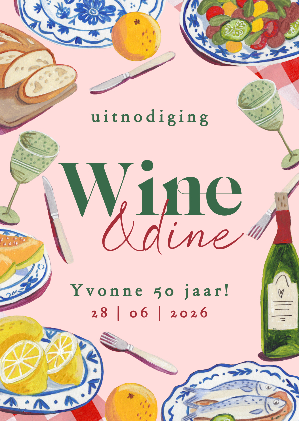 Verjaardagsuitnodiging Wine & Dine 50 jaar dinerfeest - Uitnodigingen Uitnodigingen - Verjaardagsuitnodiging Wine & Dine 50 jaar dinerfeest