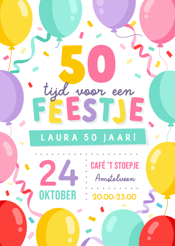 Vrolijke uitnodiging verjaardagsfeest 50 jaar met ballonnen - Uitnodigingen Uitnodigingen - Vrolijke uitnodiging verjaardagsfeest 50 jaar met ballonnen