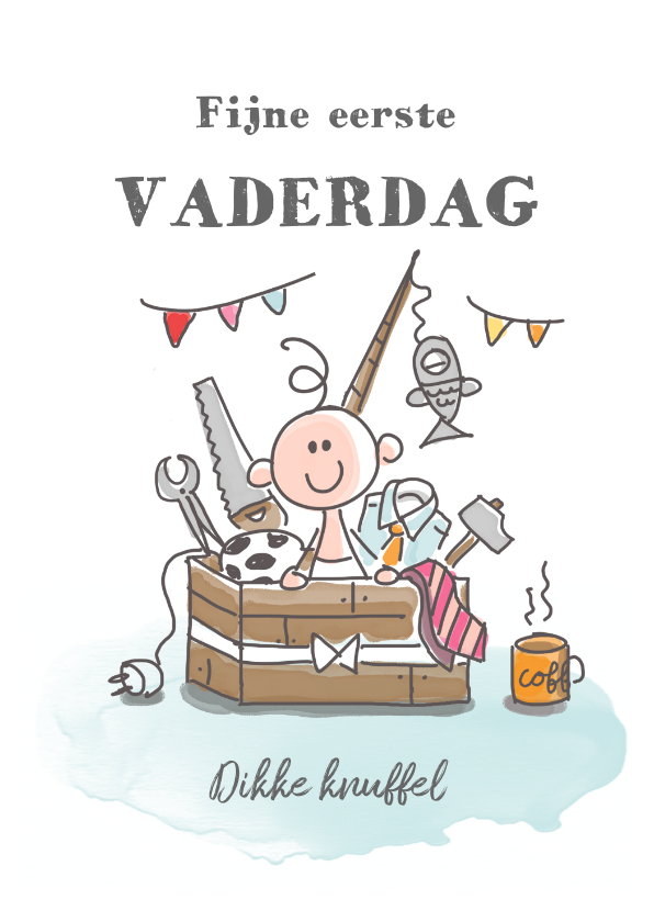 Eerste vaderdagkaart met jongen in kist met kado's voor papa - Vaderdag kaarten Vaderdag kaarten - Eerste vaderdagkaart met jongen in kist met kado's voor papa