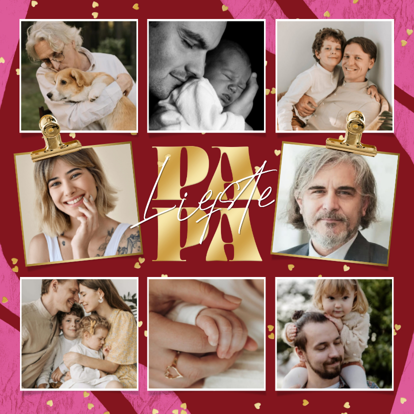 Vaderdag kaarten - Liefdevolle vaderdagkaart fotocollage 8 foto's hartjes goud