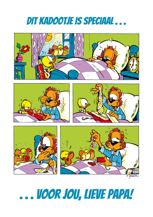 Vaderdag kaarten - Vaderdag Loeki kado strip op bed - A