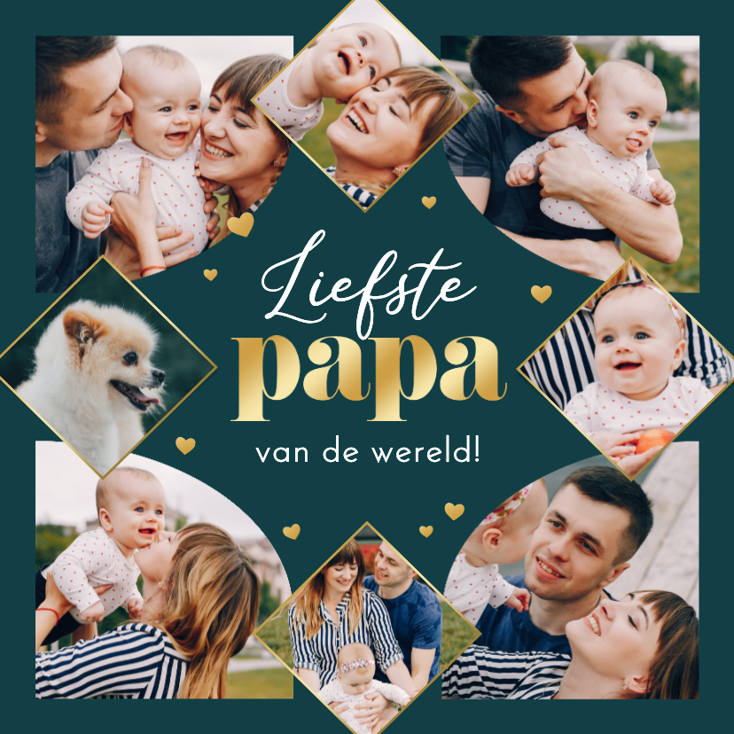 Vaderdagkaart fotocollage met hartjes goud liefste papa - Vaderdag kaarten Vaderdag kaarten - Vaderdagkaart fotocollage met hartjes goud liefste papa